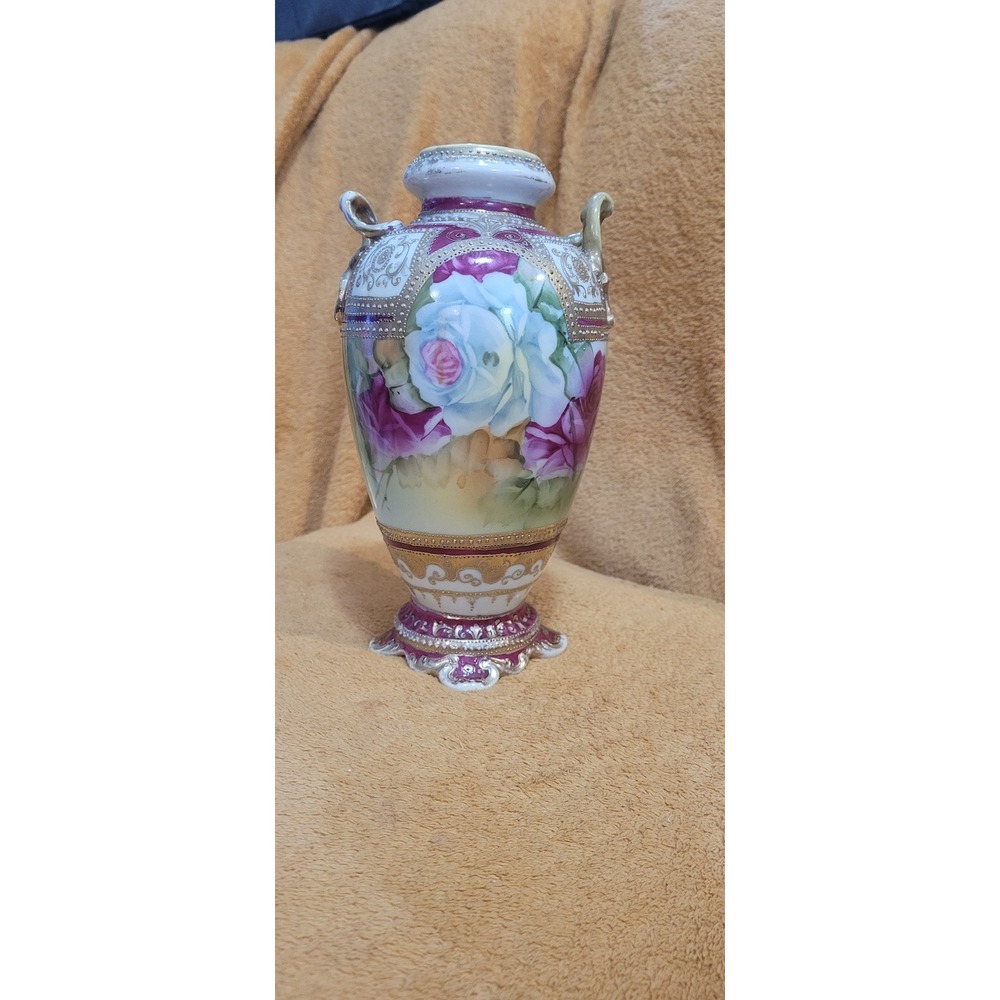 Vintage Hand Painted Porcelain Floral Vase Gold Moriage Rose with Handles